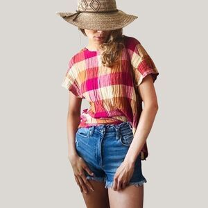 Anthropologie Isabella Sinclair‎ Plaid Ramie Cotton Blouse Top M